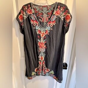 Embroidered Johnny Was Floral Gray Tunic
